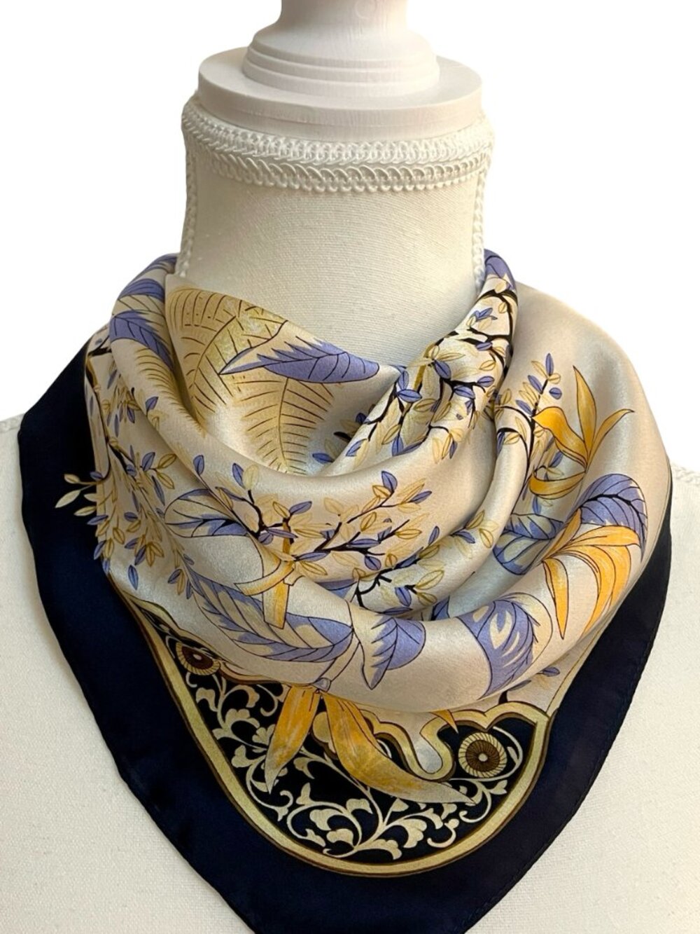 Vintage 100% Silk Floral Botanical Square Scarf Navy Blue Ivory Gold 21 x 21